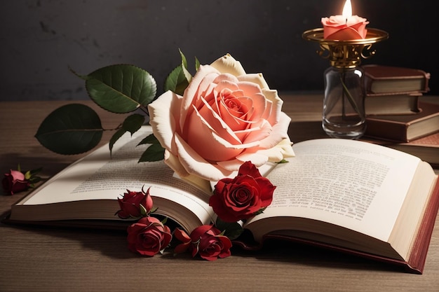 Livre ouvert avec la rose sur une table en bois