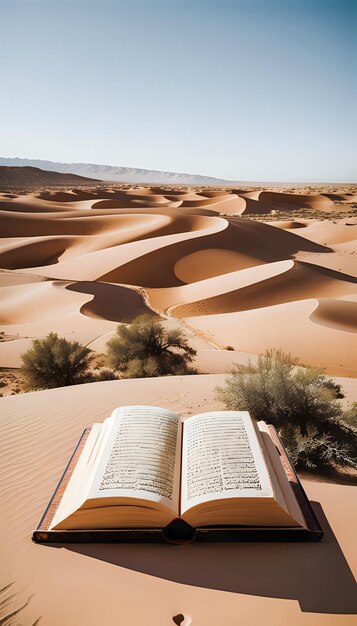 Un livre ouvert sur le sable sur le fond du désert