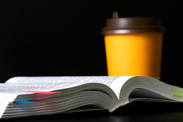 Livre ouvert avec des signets et une tasse de café sur fond sombre