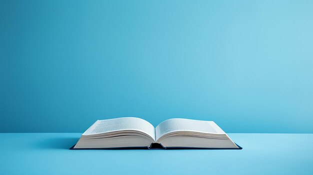 un livre ouvert sur une table bleue avec un fond bleu.