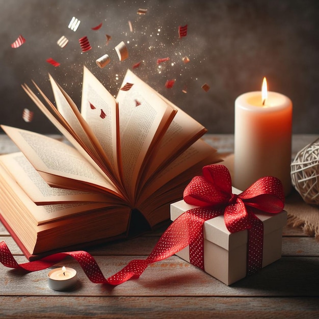 Photo un livre ouvert sur une table en bois avec une chaudière rouge et un cadeau amoureux du livre