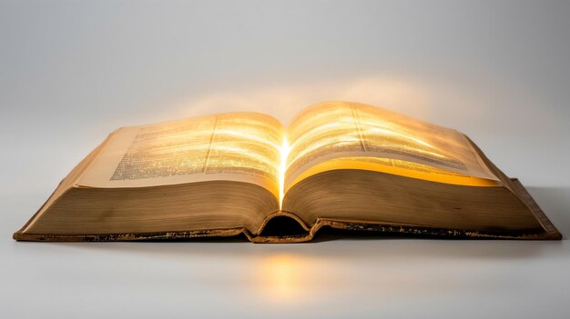 Livre ouvert sur une table éclairée par une chaude lumière dorée créant une ambiance sereine