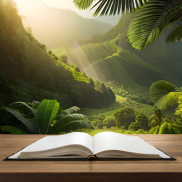 livre ouvert sur une table avec un fond de paysage de montagne.