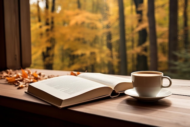 Photo livre ouvert et tasse à café blanche sur table ai générative