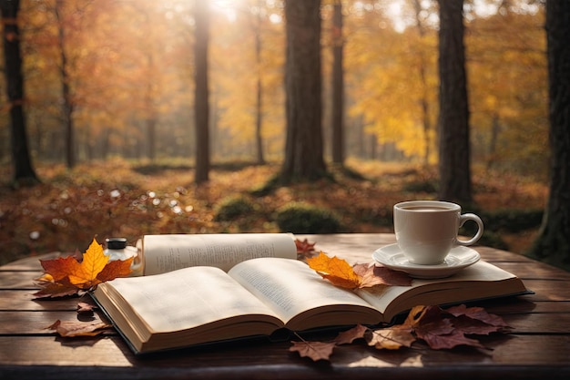 un livre ouvert et une tasse de café blanche sur la table forêt ai générative