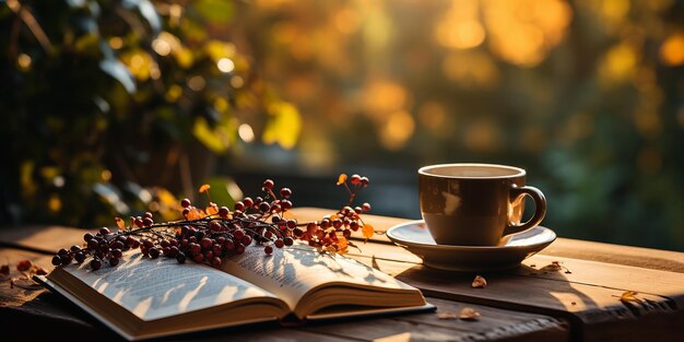 Livre ouvert et tasse de café à la vapeur sur une table en bois