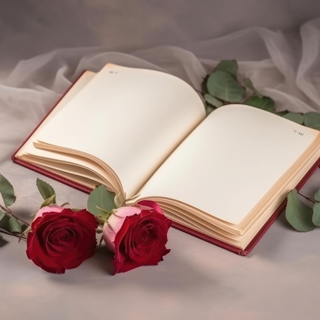 Un livre et une page sur une table avec une rose rouge dessus.