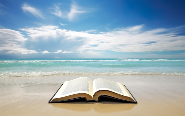 Un livre sur la plage avec un ciel bleu en arrière-plan