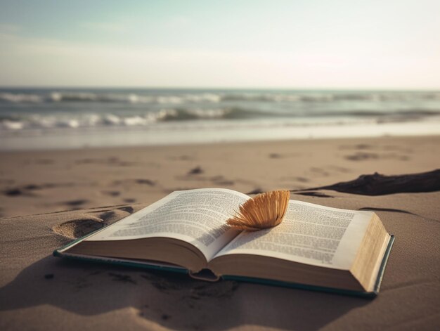 Un livre sur la plage avec une plume sur les pages