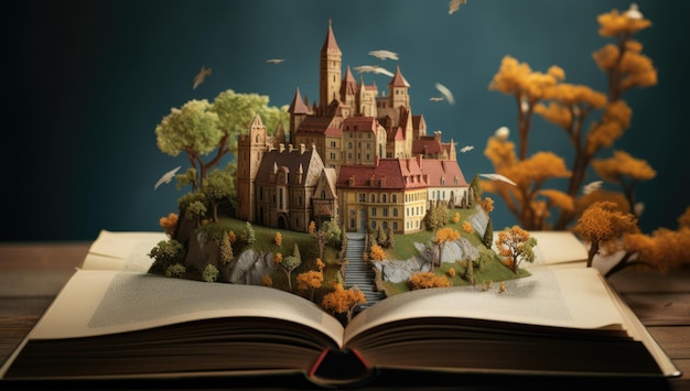 Livre pop-up 3D avec illustration sur le thème d'un château et d'un conte de fées Un château 3D se dresse sur un livre ouvert