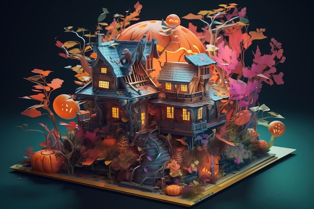 Livre pop-up d'Halloween Paysage de la maison la nuit d'Halloween AI générative