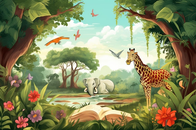Photo livre pour enfants style animal et fond de la jungle