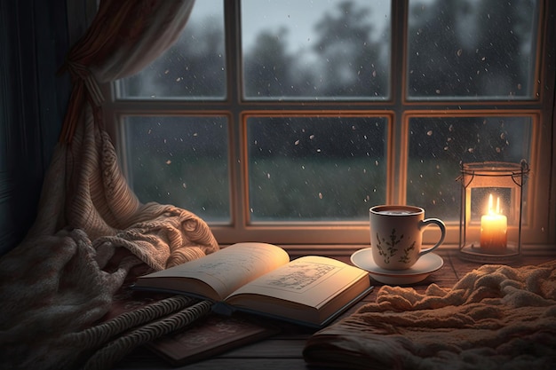 Un livre près de la fenêtre avec une bougie et une tasse de café.
