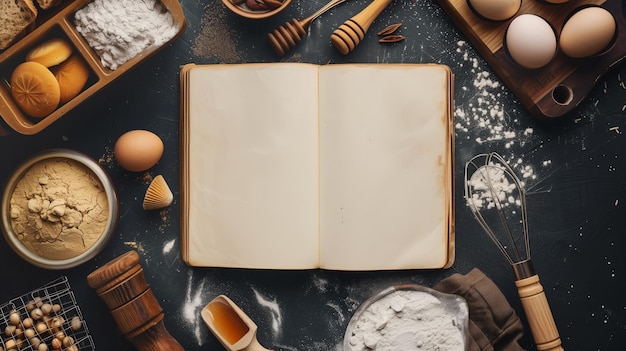 Un livre de recettes blanc ouvert entouré d'ingrédients de cuisson