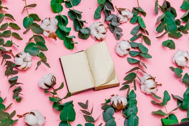 Livre de recettes avec des branches de coton et d'eucalyptus sur fond rose. Vue ci-dessus