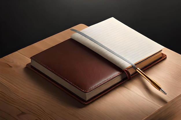 Un livre relié en cuir avec un stylo et un stylo sur un bureau.