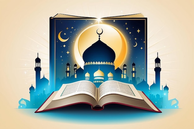 Photo livre religieux islamique brillant qur'an shareef sur la silhouette de la mosquée à l'arrière-plan brillant pour la célébration du festival de la communauté musulmane