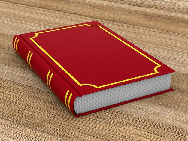 Livre rouge fermé sur une surface en bois. illustration 3D