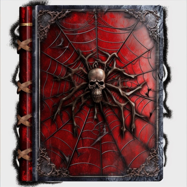 Un livre rouge avec une tête de mort dessus qui dit "la toile d'araignée".