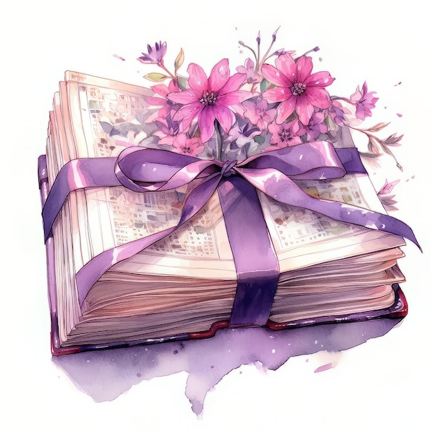 Un livre avec un ruban violet noué autour et un ruban violet noué autour.