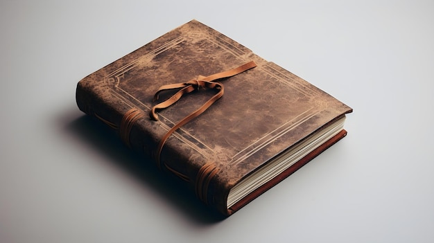 Un livre rustique en cuir évoquant une allure vintage isolé sur un gris clair serein