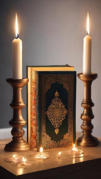 Le livre sacré des musulmans, le Coran, est placé sur un support en bois, allumant des bougies.