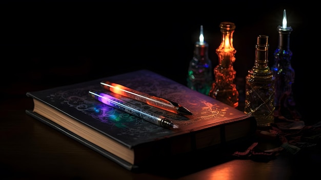 Un livre avec un stylo dessus et une bougie sur la table