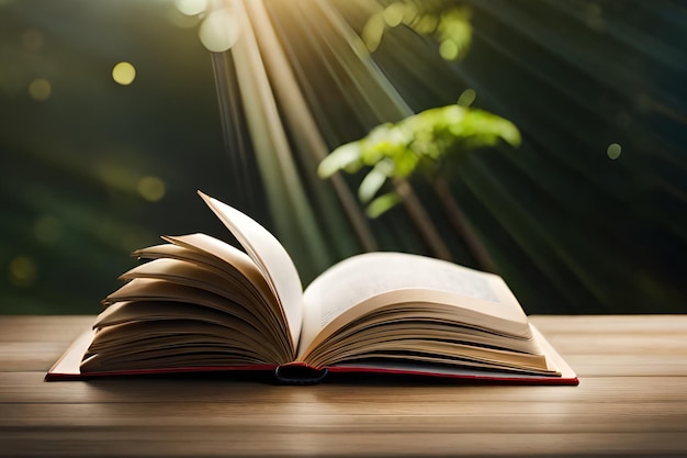 Un livre sur une table en bois avec un arbre en arrière-plan