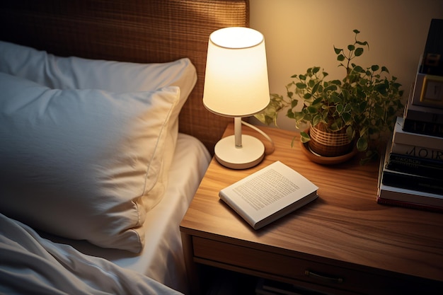 Photo un livre sur la table de chevet à côté du lit la lampe de chevet éclaire l'atmosphère confortable