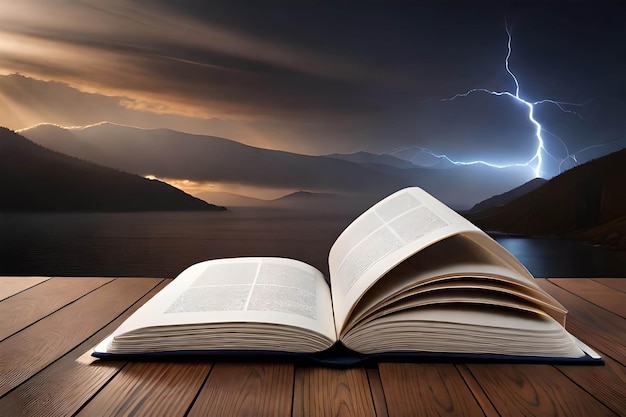 Un livre sur une table avec un ciel d'orage derrière lui