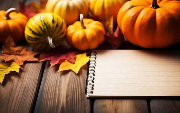 un livre sur une table avec des citrouilles et un livre dessus