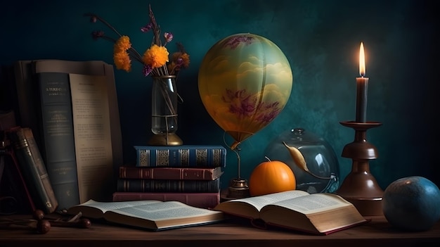 Un livre sur une table avec un globe et un livre dessus