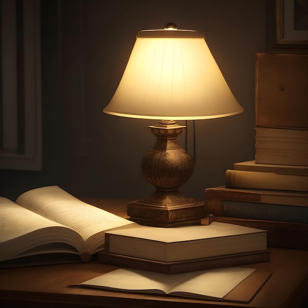 Un livre sur la table avec une lampe de bureau