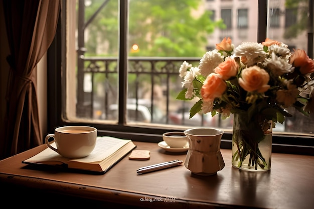 Livre de tasse à café et fleurs sur la table en bois AI Generative