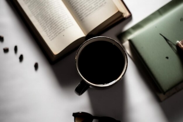 Un livre, une tasse de café et un livre sur une table.