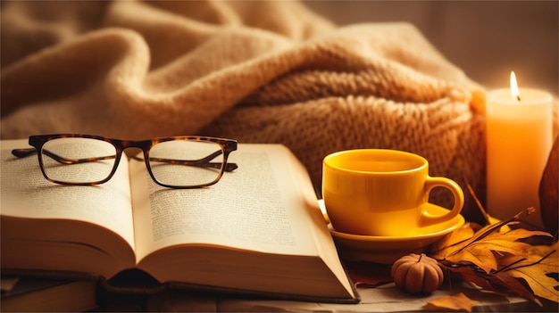 Un livre et une tasse de thé sur un lit