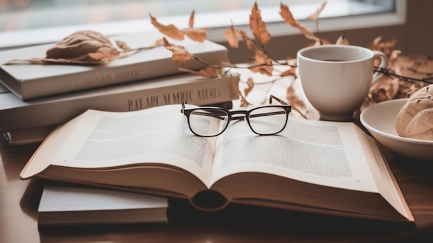 Un livre avec des verres dessus et une tasse de café sur la table.