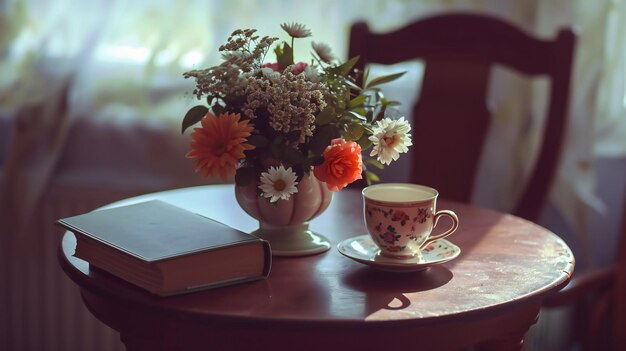 Livre vintage et tasse à thé florale sur une table en bois