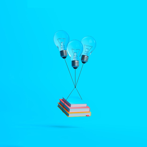 Des livres avec des ampoules volantes sur un fond bleu Concept éducatif rendu 3D