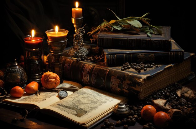 Des livres anciens magiques sur une table antique avec des bougies gros plan extrême IA générative