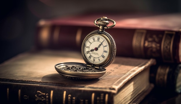 Des livres antiques sur une table, une horloge qui tape, l'apprentissage de l'histoire, la sagesse générée par l'intelligence artificielle.