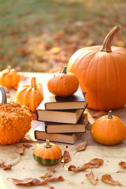 Livres d'automne. Livres d'Halloween. Pile de livres et de citrouilles