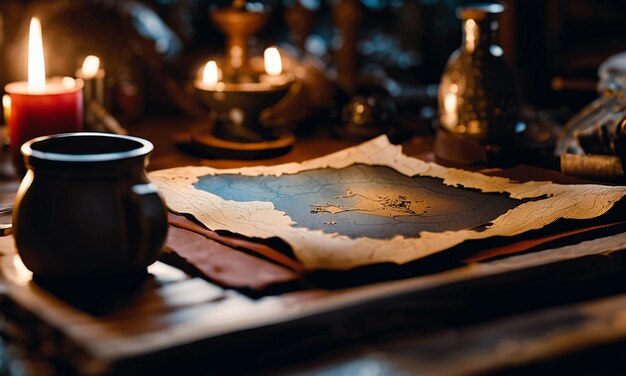 Photo des livres et une carte. une carte du trésor sur la table de la salle d'étude.