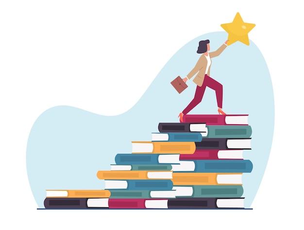 Les livres et la connaissance aident à atteindre les objectifs et le succès La femme d'affaires grimpe sur des piles de livres pour atteindre l'étoile Une femme d'affaire prospère apprend le concept de vecteur isolé de style plat de dessin animé