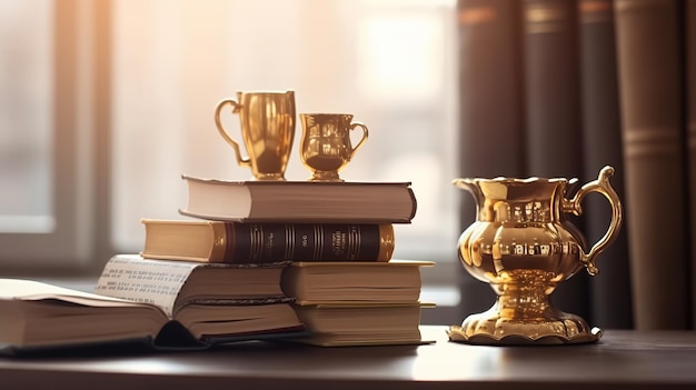 Livres et coupe d'or sur le fond éducatif du bureau