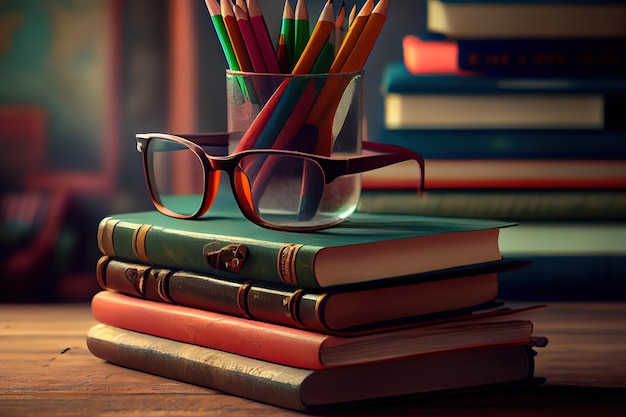 Photo livres avec des crayons et des lunettes sur la table en classe generative ai