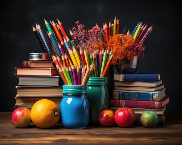 Des livres et des crayons sur un tableau éducatif coloré