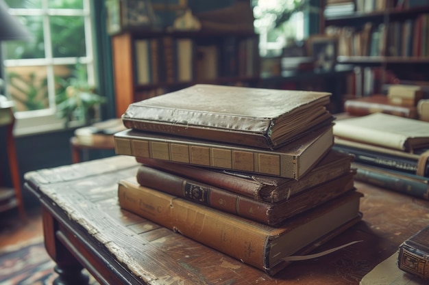 Photo des livres d'époque empilés sur une table en bois dans une bibliothèque classique avec des étagères anciennes