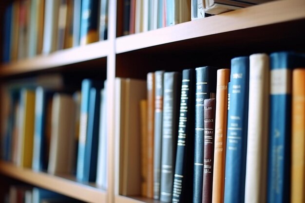 livres sur l'étagère de la bibliothèque dans la salle floue l'accent sur l'éducation de fond