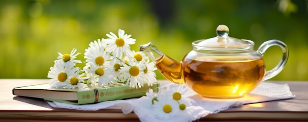 Livres de fleurs de camomille une théière en verre et une tasse de tisane sur une table gros plan Generative AI